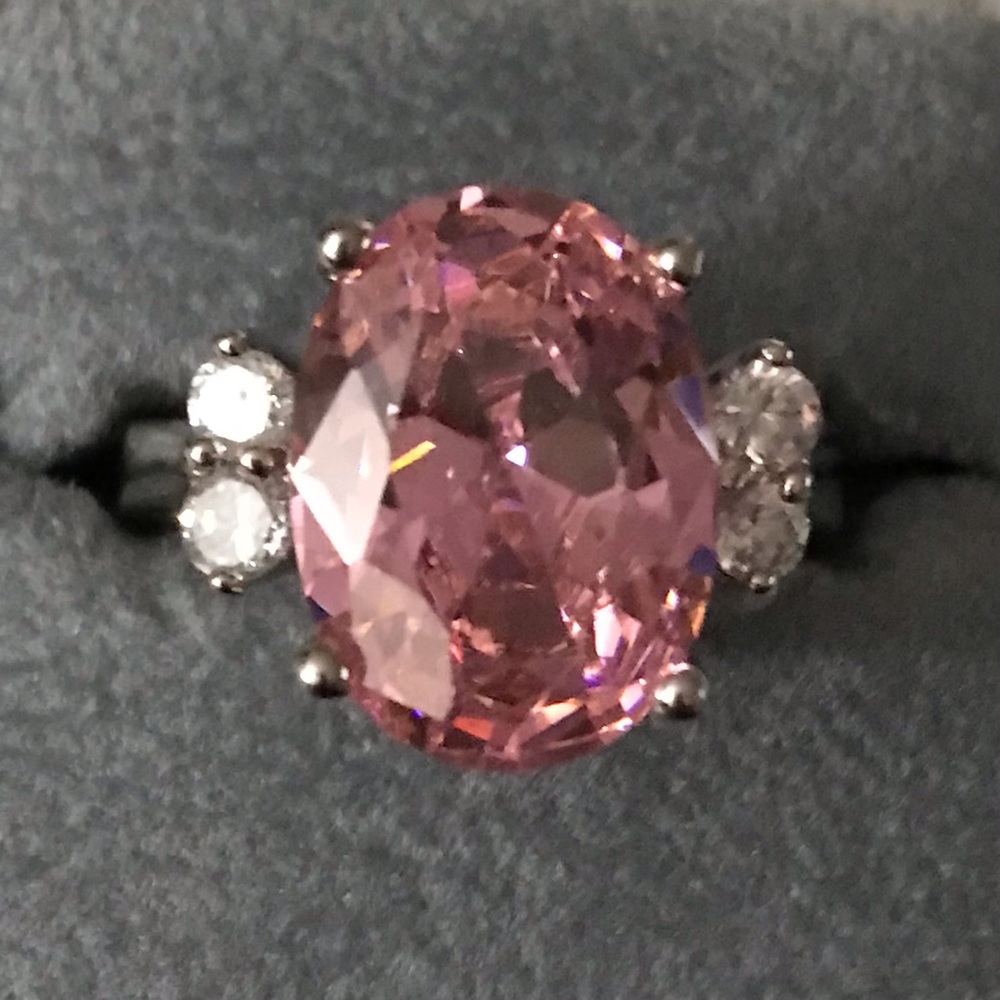 Silver Large Pink Oval Gem Ring W/Gift Bag